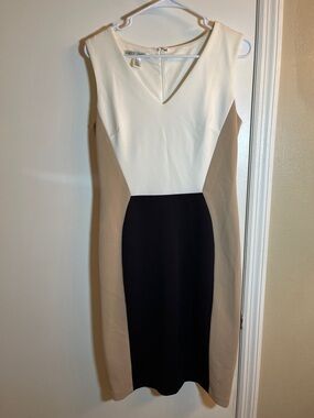 Maggy London White, Black & Tan Colorblock Midi Sheath Dress